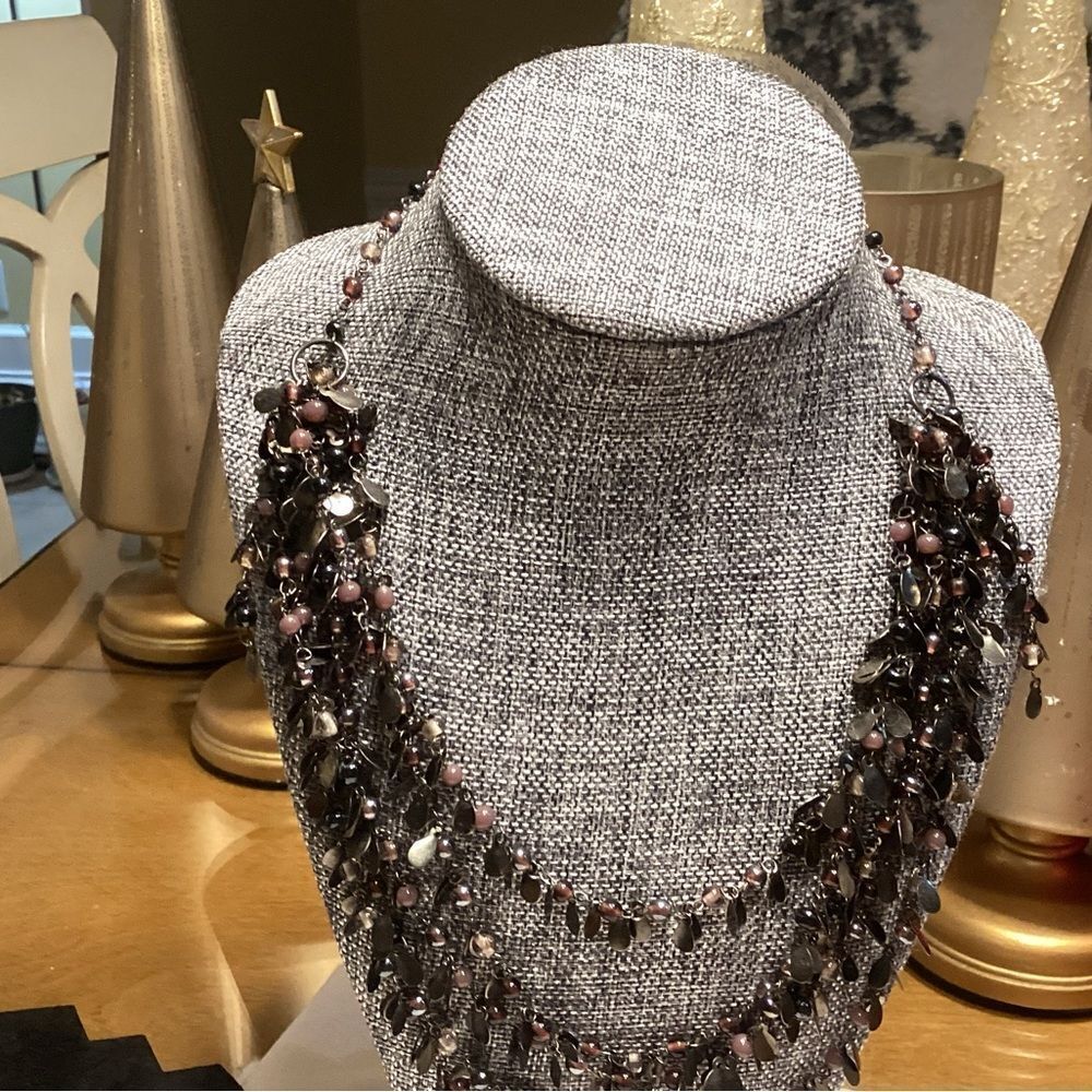 Elegant Multi-Layered Beaded Necklace in Blacks and Purples